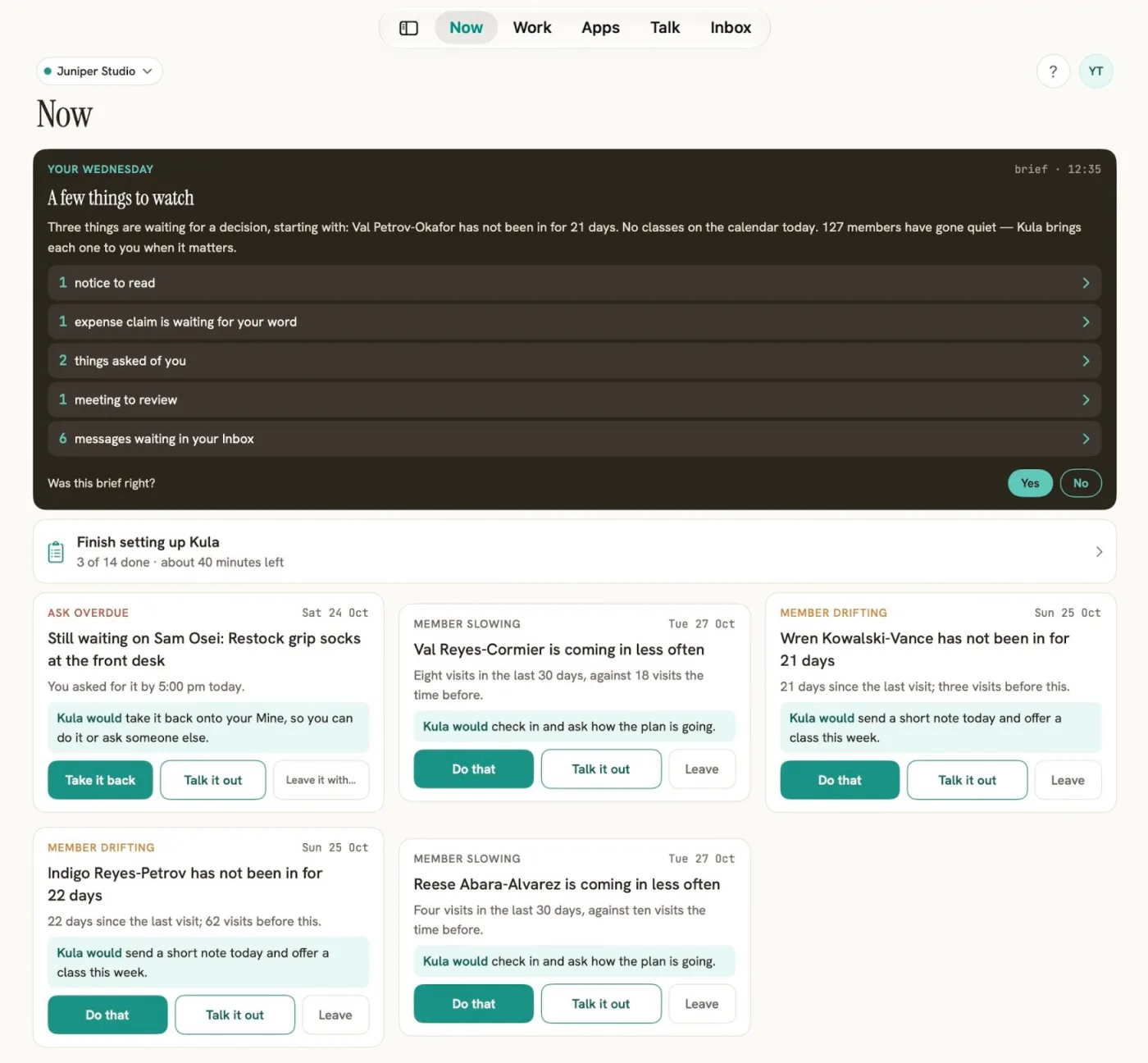 Kula Ops Now screen: a short morning brief, and cards for what needs a decision, each with a suggested next step